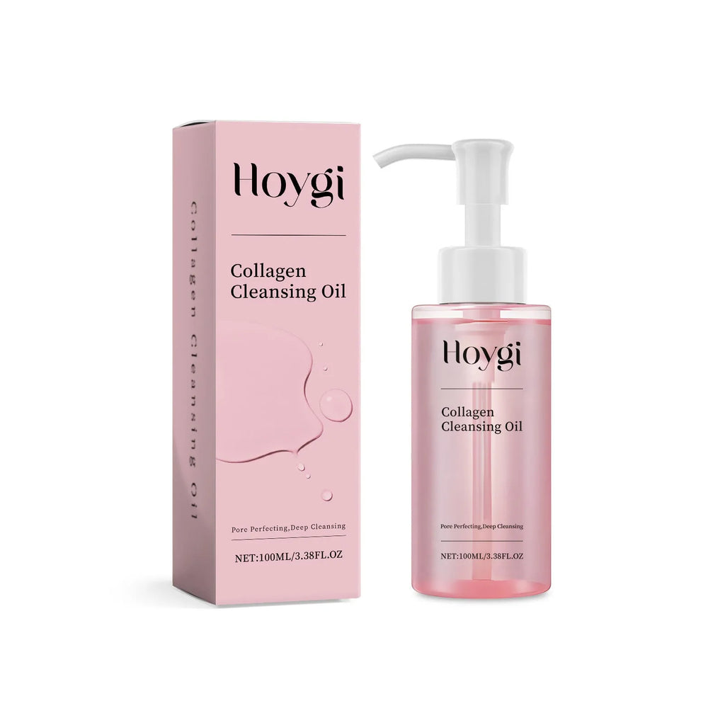 100 ml bottle of Collagen Cleansing Oil with jojoba and grape seed oils for gentle makeup removal.