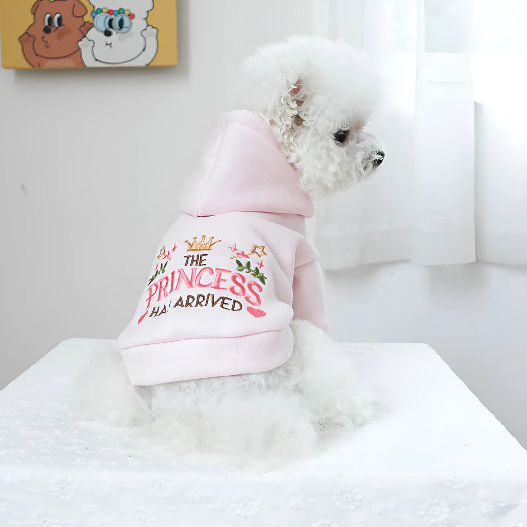 Hooded princess style pet sweater for small dogs and cats in polyester material