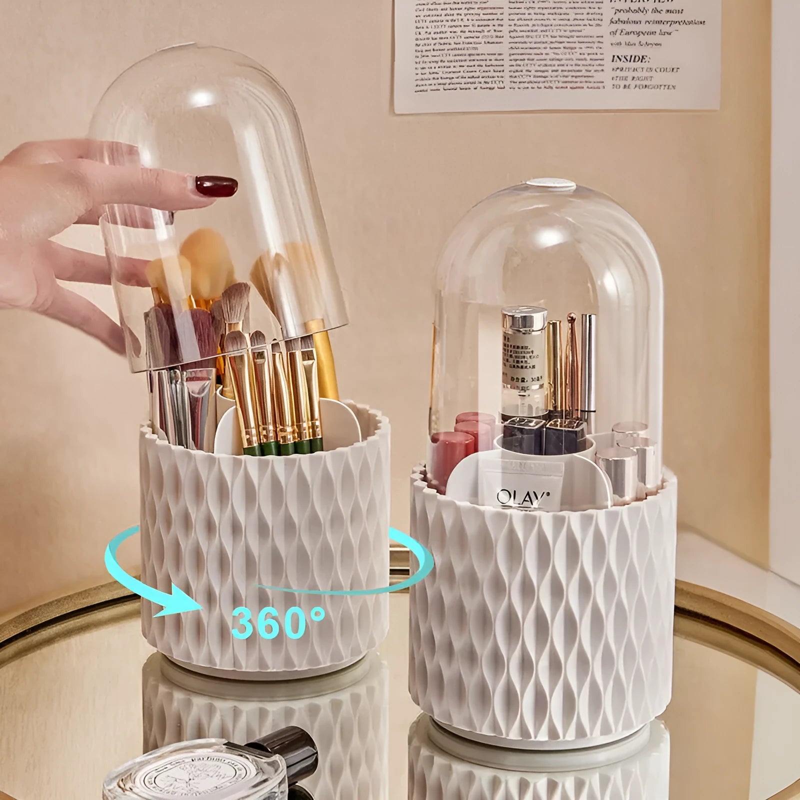White transparent rotating makeup brush storage box with lid and split compartments