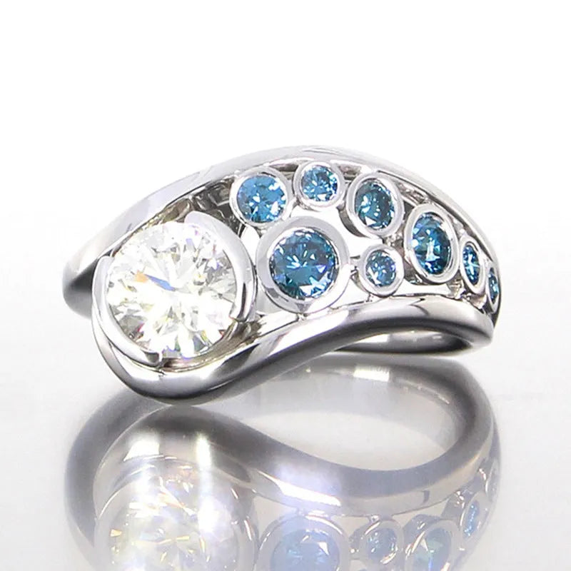 Geometric hollow diamond-inlaid zircon ring for women white gold colour copper retro round