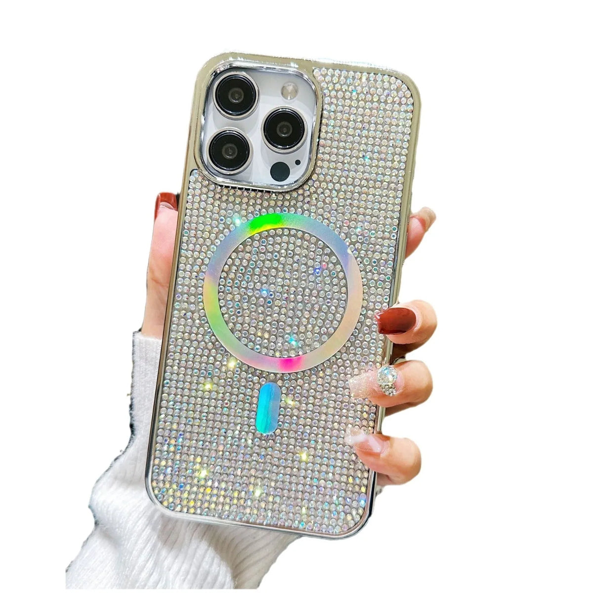 Rhinestone electroplated TPU phone case for iPhone 15 Pro Max in diamond magnetic suction black