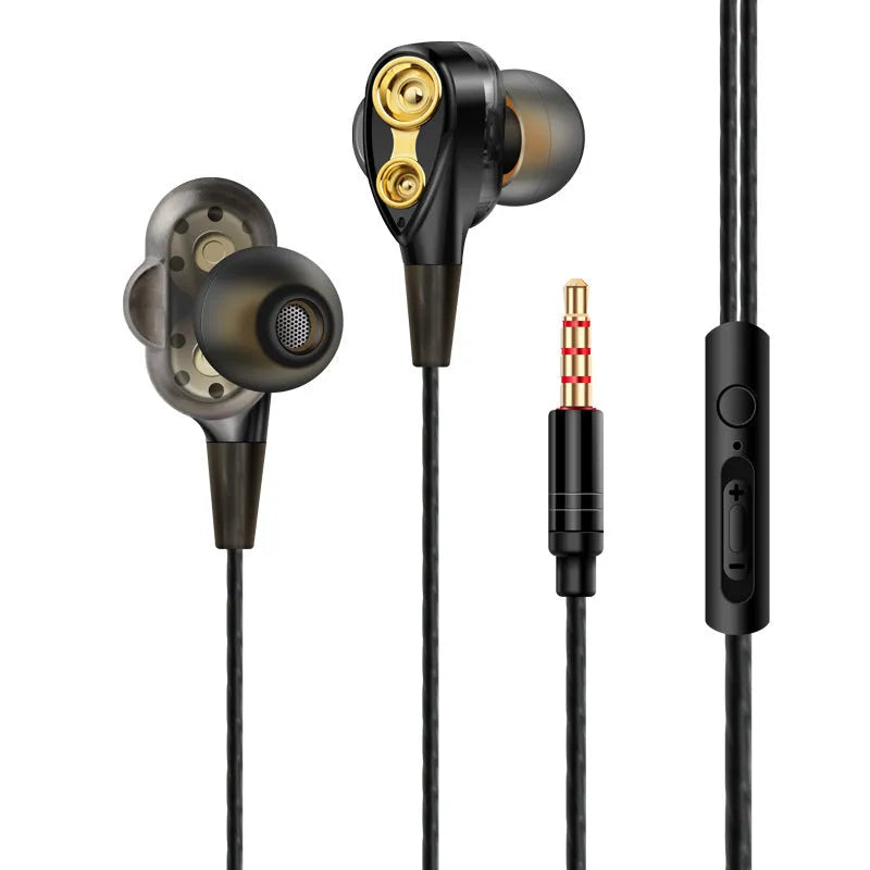 Red quad core dual dynamic metal subwoofer in-ear headphones with 3.5mm plug, microphone and 1.2m cable