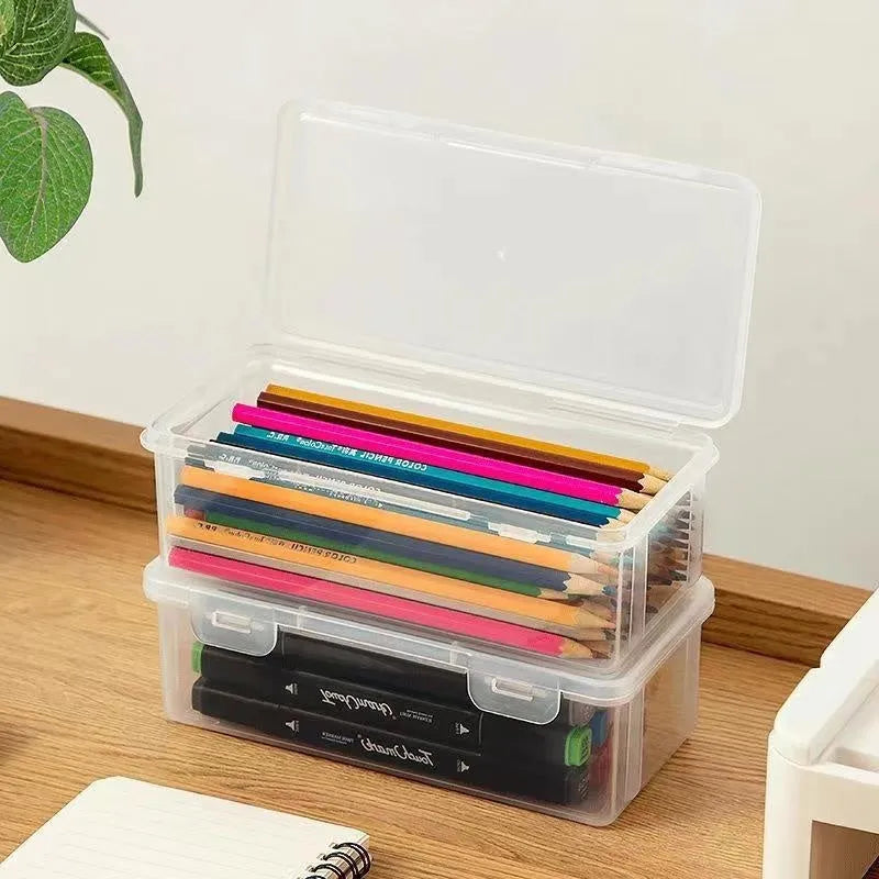 Transparent plastic stationery storage box with large capacity for pencils and crayons