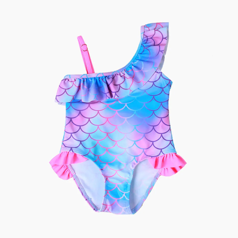 Girls' one-piece swimsuit with cartoon scale print and flounced gradient design in high elasticity nylon.