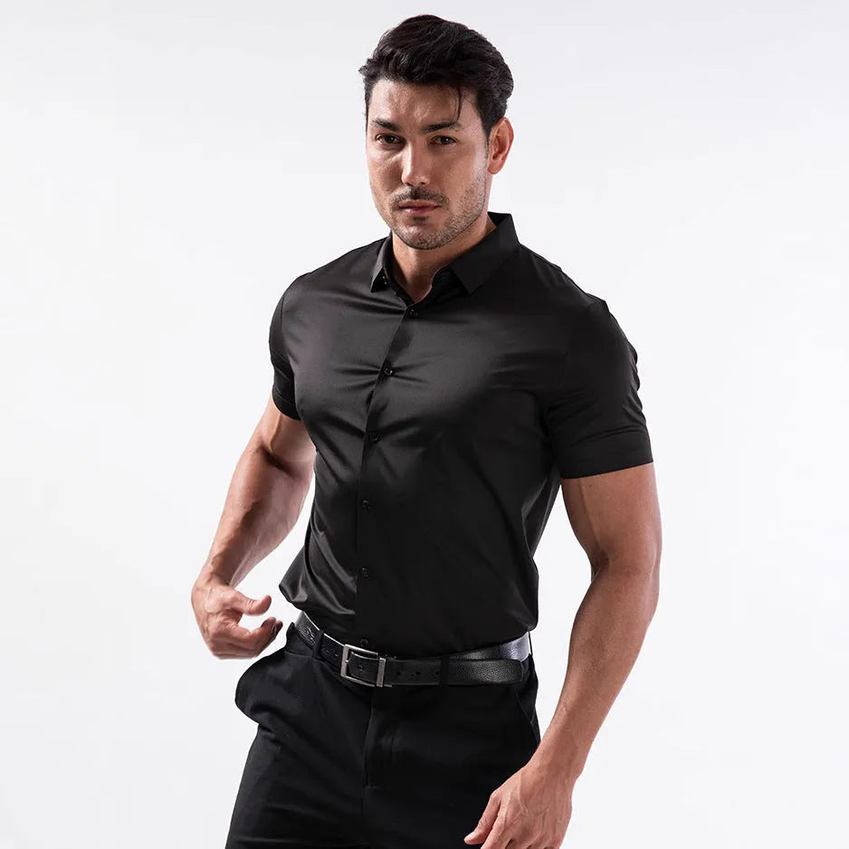 Men's four-side elastic short sleeve shirt in cardigan style with non-ironing anti-wrinkle fabric