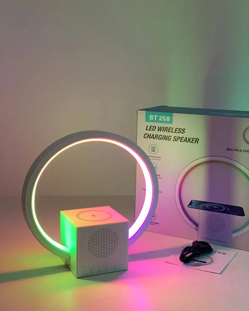 White smart ambience light with Bluetooth speaker, wireless charger, and card insertion, USB powered at 5V
