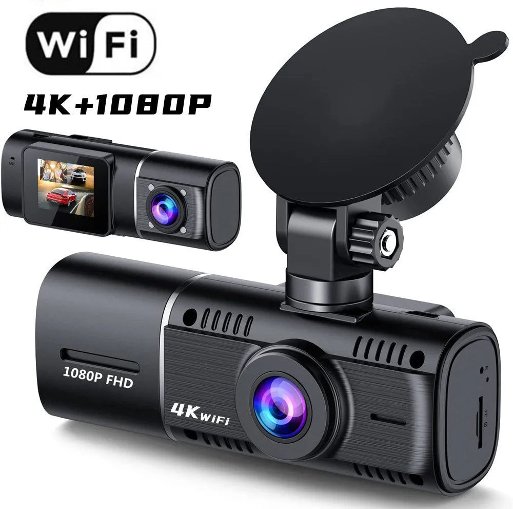 Black dual-channel car dash cam with 1.5-inch screen mounted on windshield next to rear-view mirror.