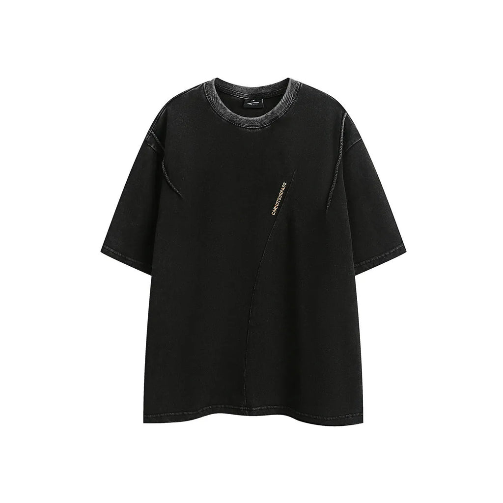 Men's black embroidered retro t-shirt with loose fit cotton construction