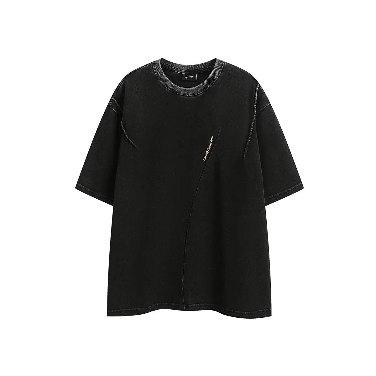 Men's black embroidered retro t-shirt with loose fit cotton construction