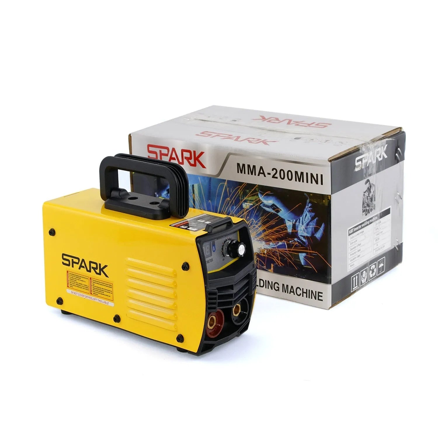 MMA-200MIN small black DC inverter welding machine with red welding tongs, clamp, and face shield on a workbench.