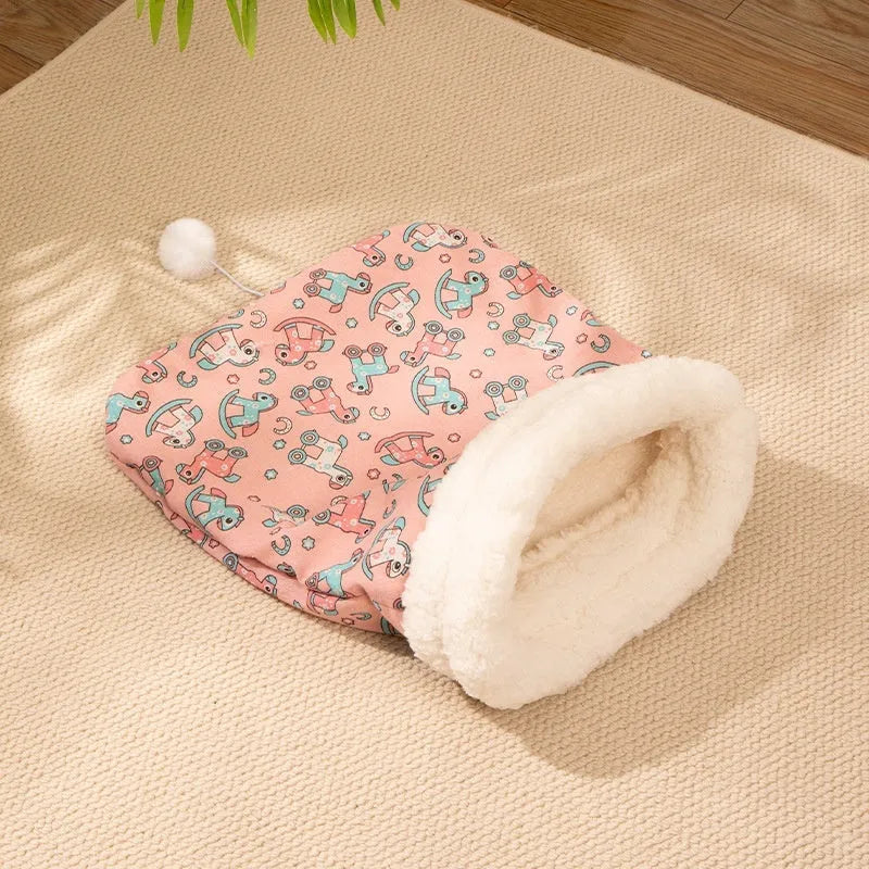 Pink flannel cat sleeping bag nest bed measuring 50cm by 40cm with soft padding.