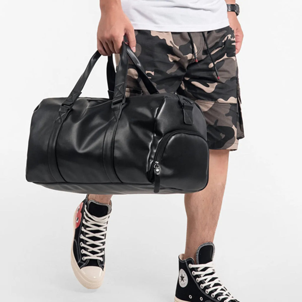 Chaomen black PU leather fitness bag 50cm wide with soft handle and shoulder strap