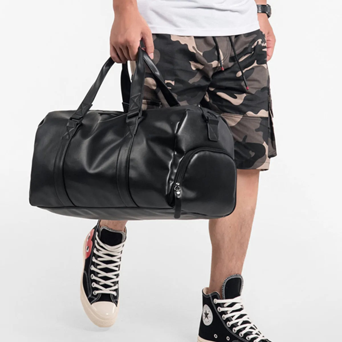 Chaomen black PU leather fitness bag 50cm wide with soft handle and shoulder strap