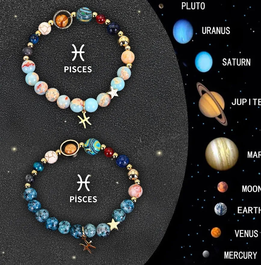Two natural stone beaded bracelets with zodiac charms on adjustable strings