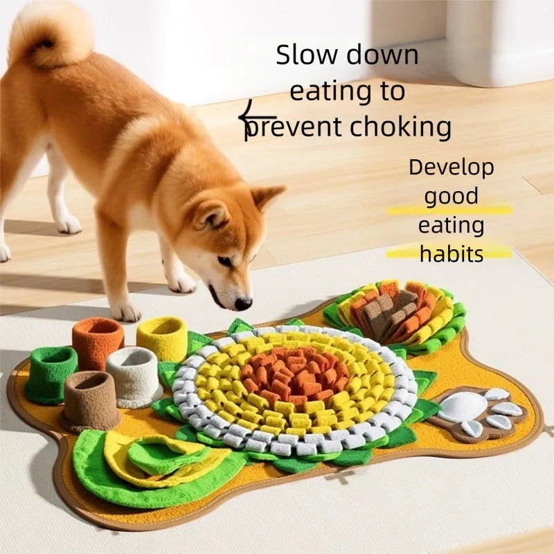 Sunflower design snuffle mat for dogs with hiding pockets and paw-shaped detail on a non-slip base
