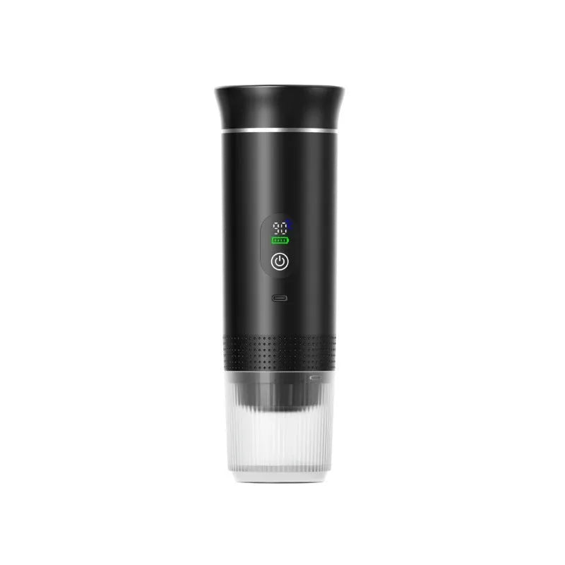 Black portable capsule coffee machine for electric car travel with LCD display and compact 80ml water tank