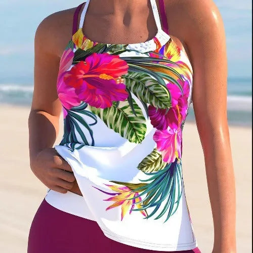 Women's floral swimsuit with large flower pattern and chest padding in purple-red colour