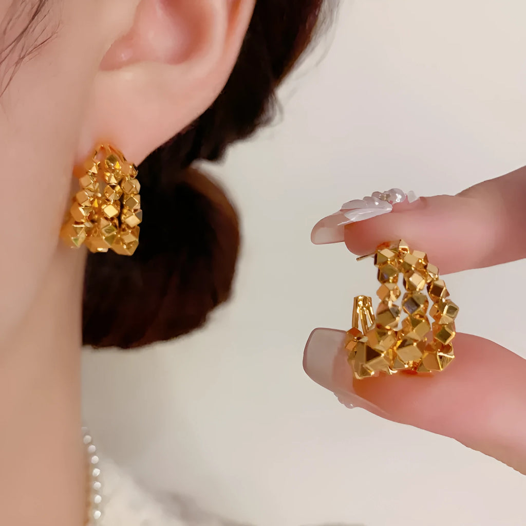 Multi-layer ear ring pair in copper with real gold plating, gold or silver tone, geometric ring design