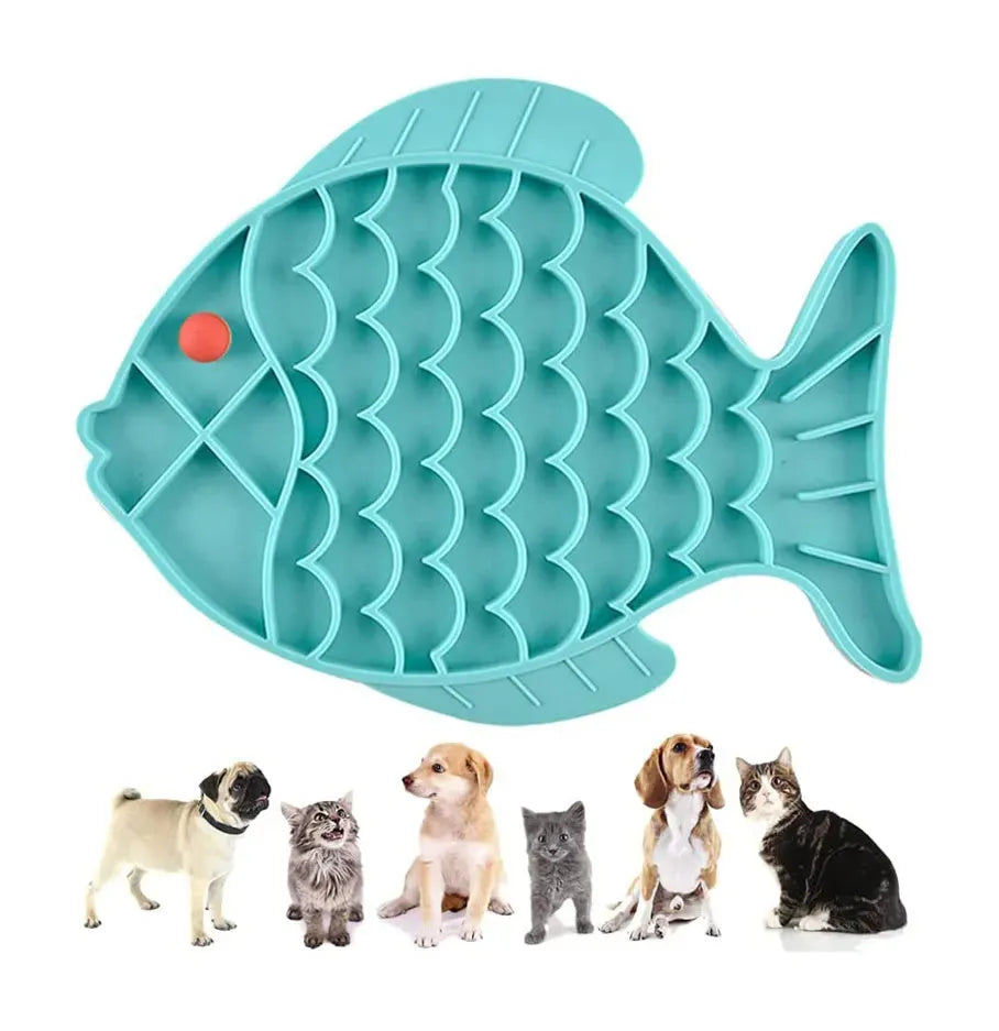 Silicone slow food tray for pets in blue, green, and gray, 24.5 cm long, anti-choking lick mat