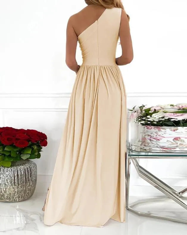 Women's one shoulder cocktail maxi dress in soft fabric with high split and cutout design.