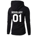 Black couple hoodie pullover with side pocket on model, loose fit polyester fiber casual sweater