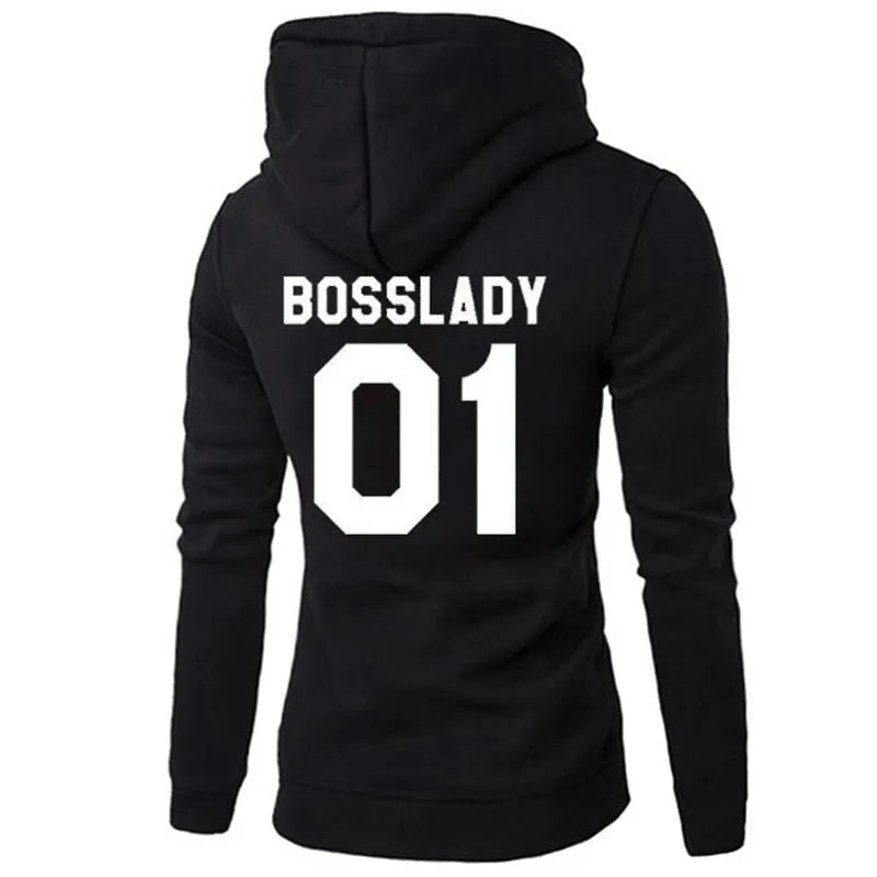 Black couple hoodie pullover with side pocket on model, loose fit polyester fiber casual sweater