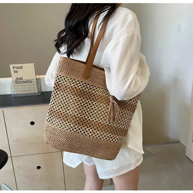Straw shoulder bag with tassel pendant, horizontal square shape, double straps, Brown or Milky White