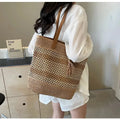 Straw shoulder bag with tassel pendant, horizontal square shape, double straps, Brown or Milky White