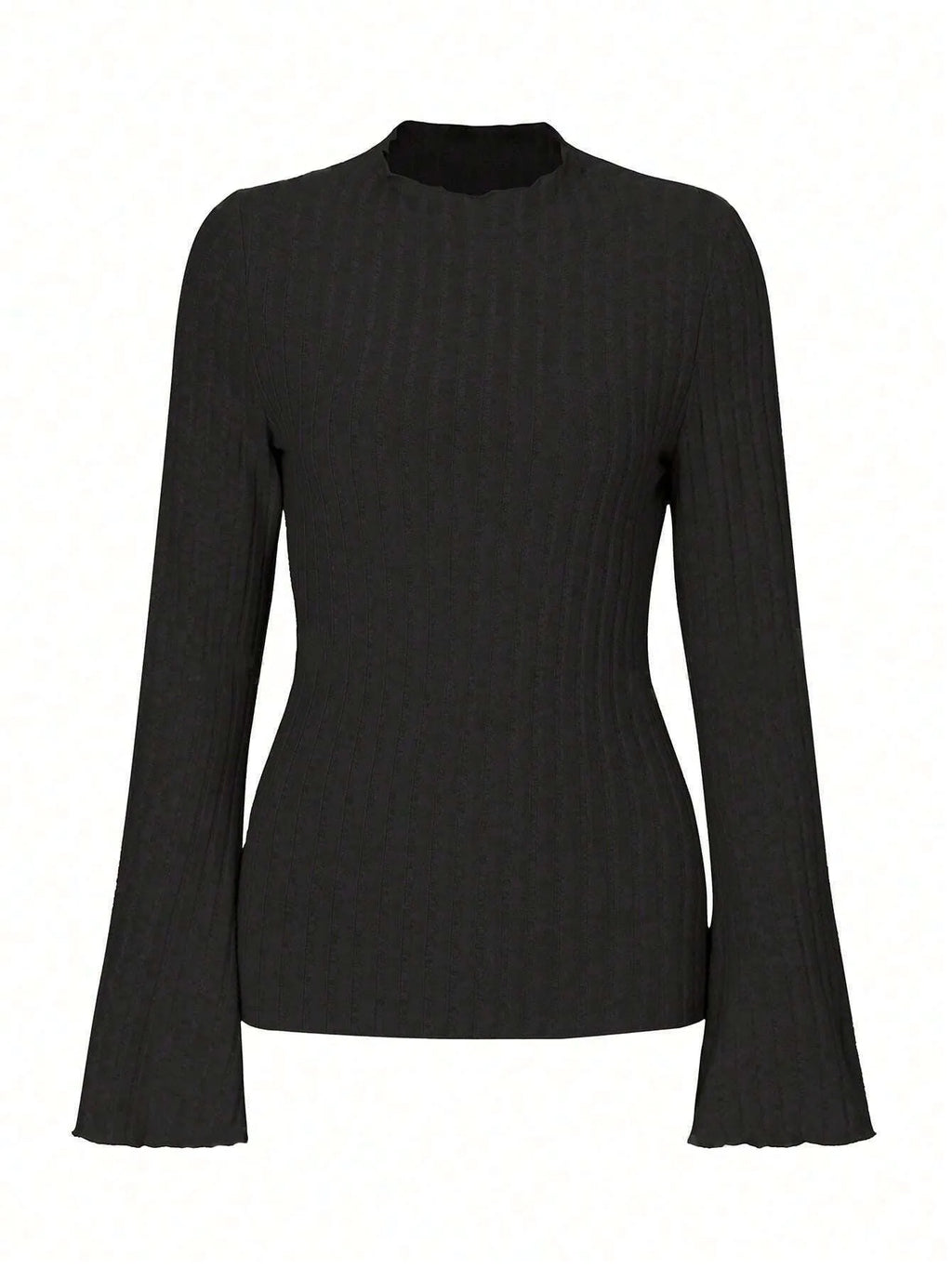 Black long sleeve slim fit top with round neck and lantern sleeves.