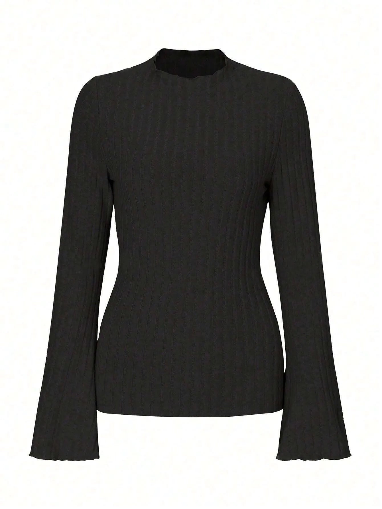 Black long sleeve slim fit top with round neck and lantern sleeves.