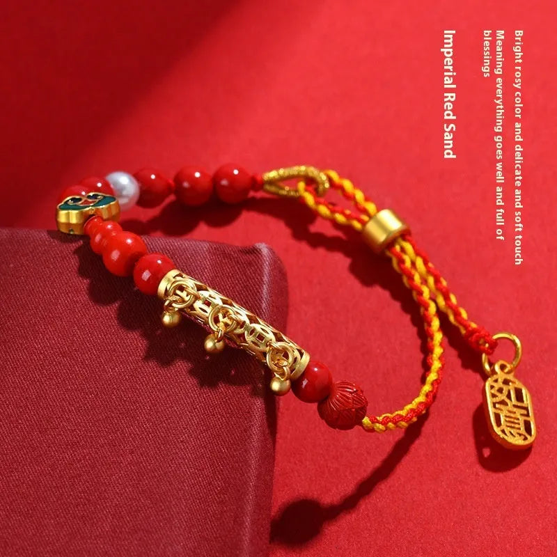Red cinnabar bead bracelet with hand-woven construction and round geometric elements