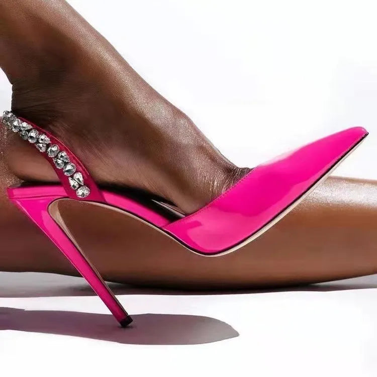 Women's pointed toe high heel sandals with rhinestone straps in patent leather