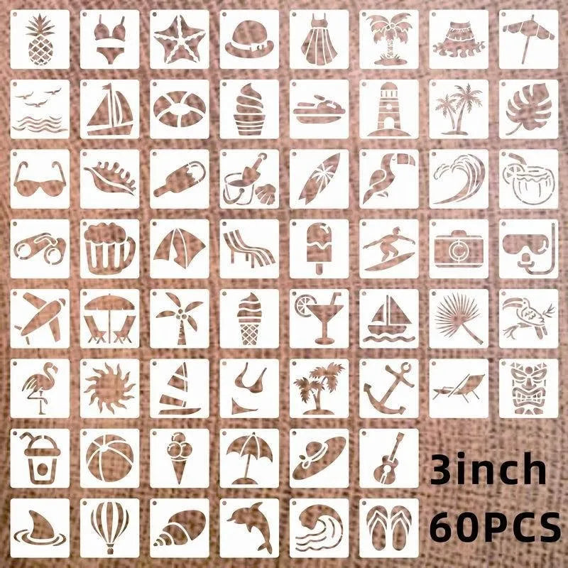 Milky white PET film hollow spray painting stencils showing flower, leaf, bird, ocean, animal, Hawaiian, letter, and mandala designs.