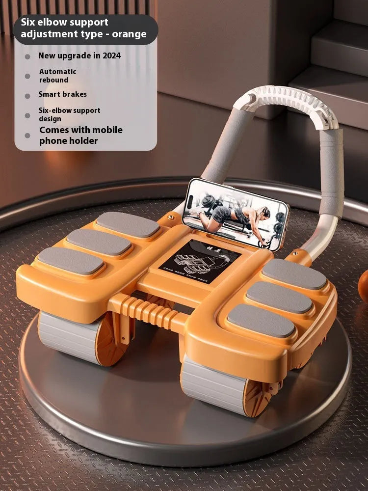 Orange four-wheel abdominal exercise roller with automatic rebound and six visible elbow supports.