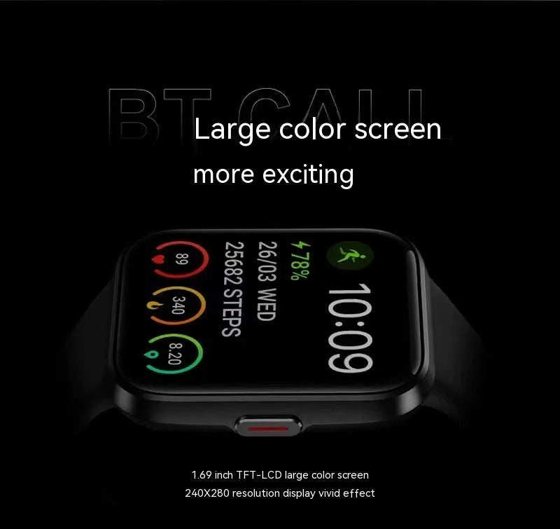 Black smart watch with Bluetooth calling and health monitoring features on a wrist.