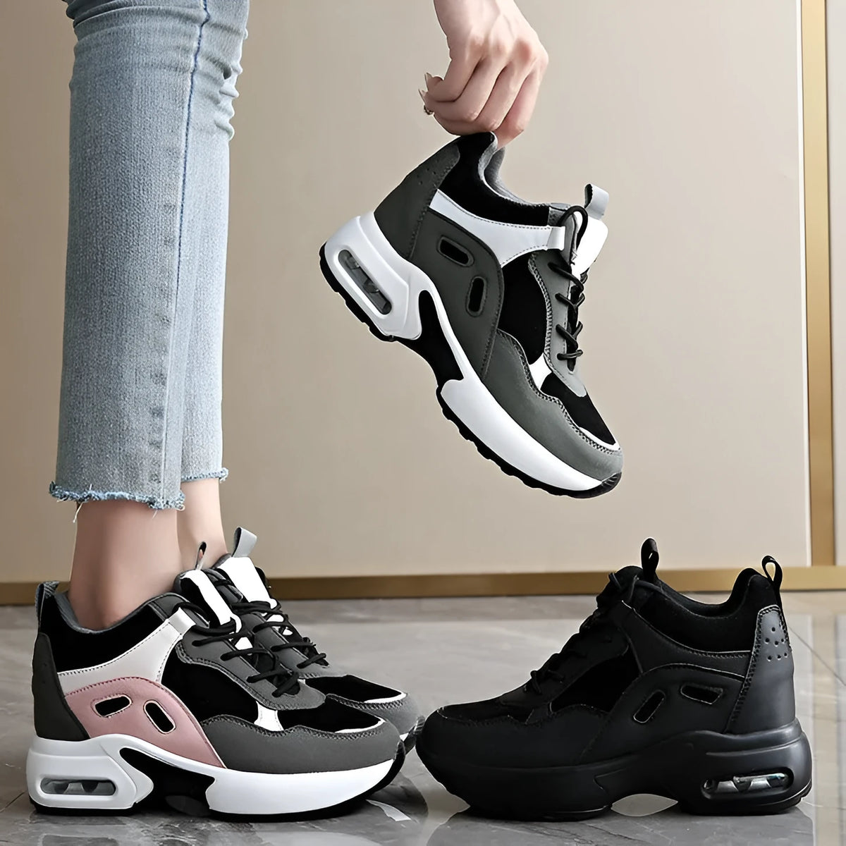 Women's casual hidden heel platform sneaker in suede leather with lace-up and leather stitching