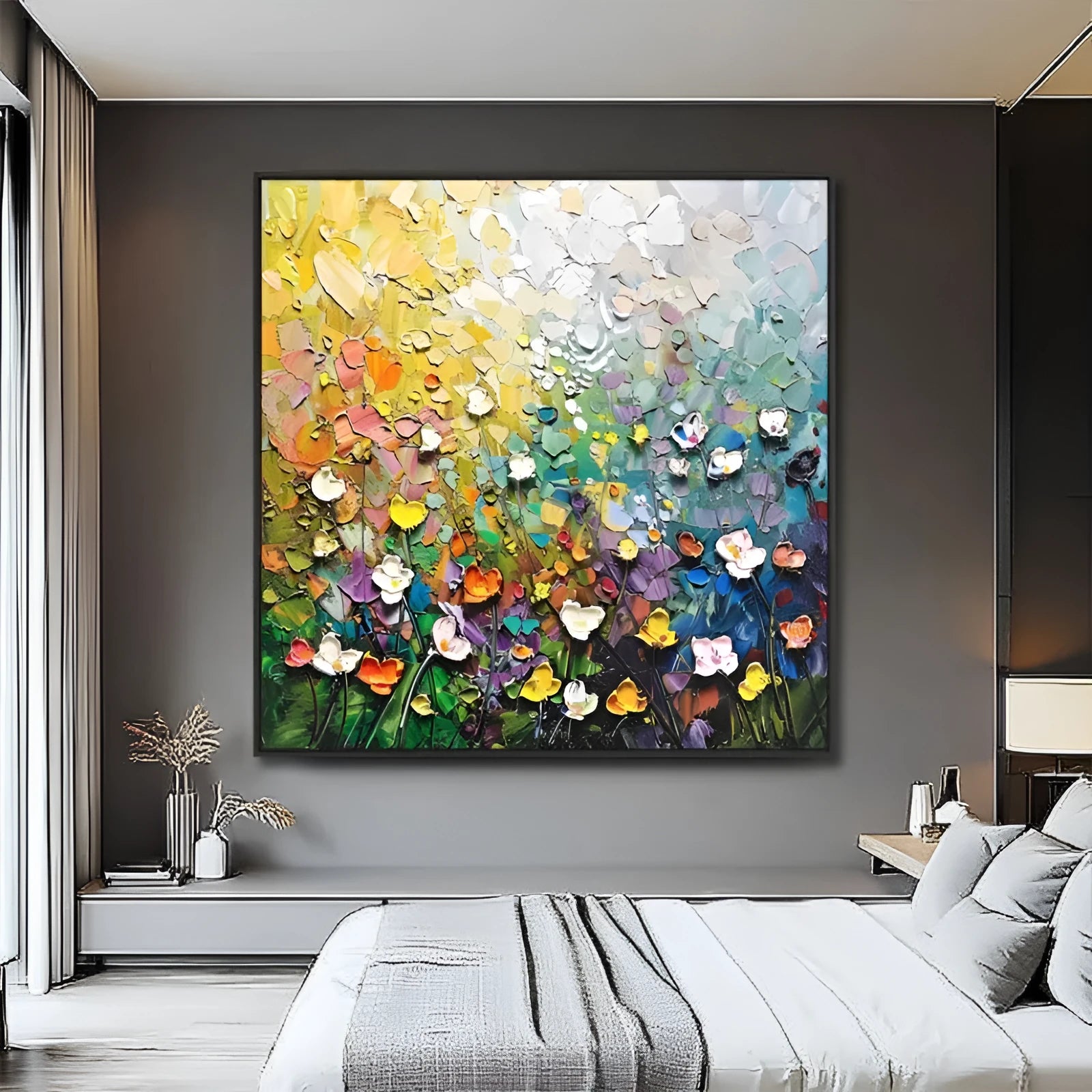 Handmade abstract thick oil 3D palette knife flowers painting on canvas, square format, no frame, multiple colours and sizes