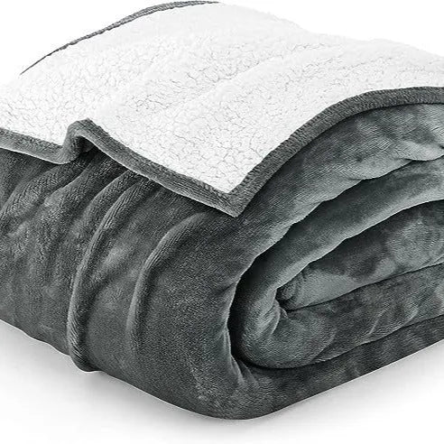 Gray cotton adjustable electric blanket on bed with three size options 90x140cm 130x180cm 210x180cm