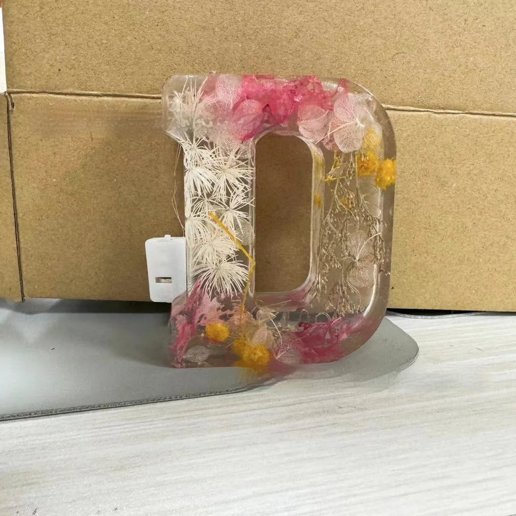 Letter flower transparent resin night light ornament, 15cm x 15cm x 2cm, modern simplicity decorative alphabet floral night lamp