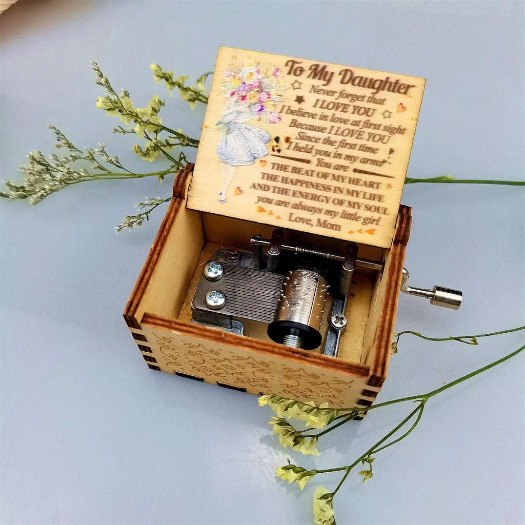 Antique carved boxwood hand crank music box with engraved landscape flower pattern for Christmas, birthday or party decoration.