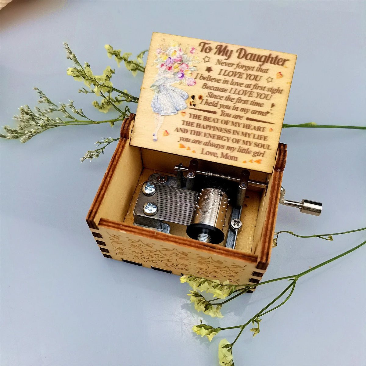 Antique carved boxwood hand crank music box with engraved landscape flower pattern for Christmas, birthday or party decoration.