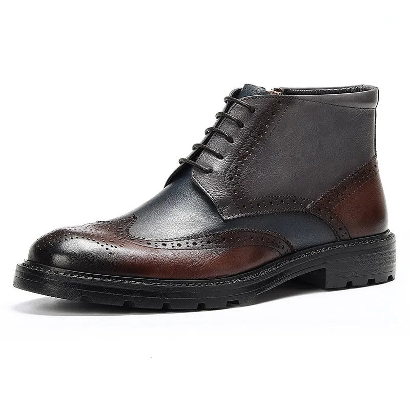 Men's coffee blue brogue boots with carved leather detailing and front lacing