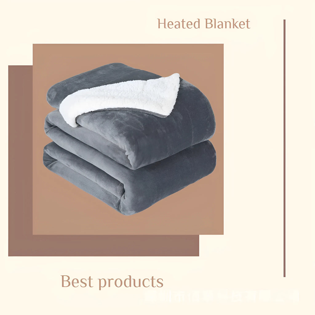 Grey and white flannel USB electric heating blanket with intelligent temperature control, shown on a chair.