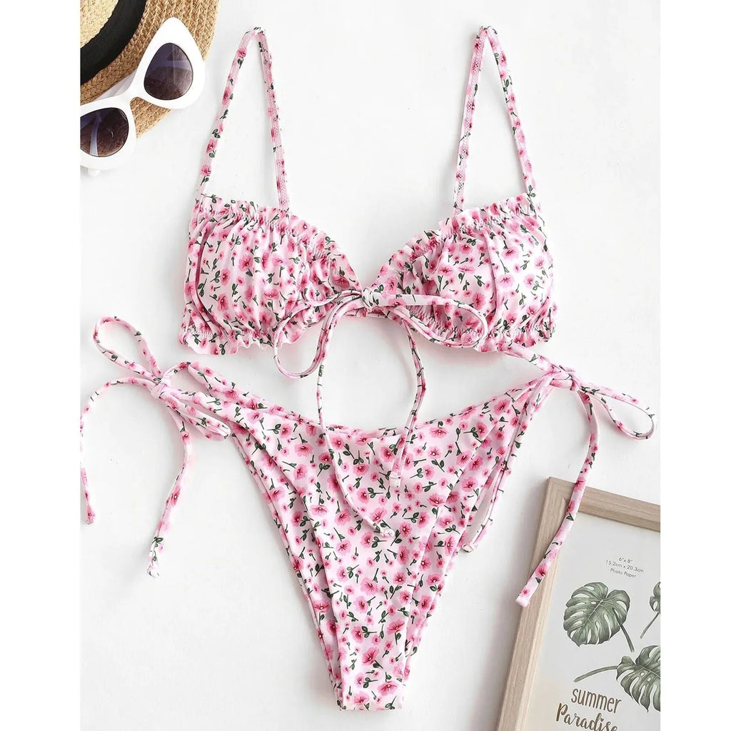 Blue and pink women's printed multi-rope banded bikini swimsuit with pullover style