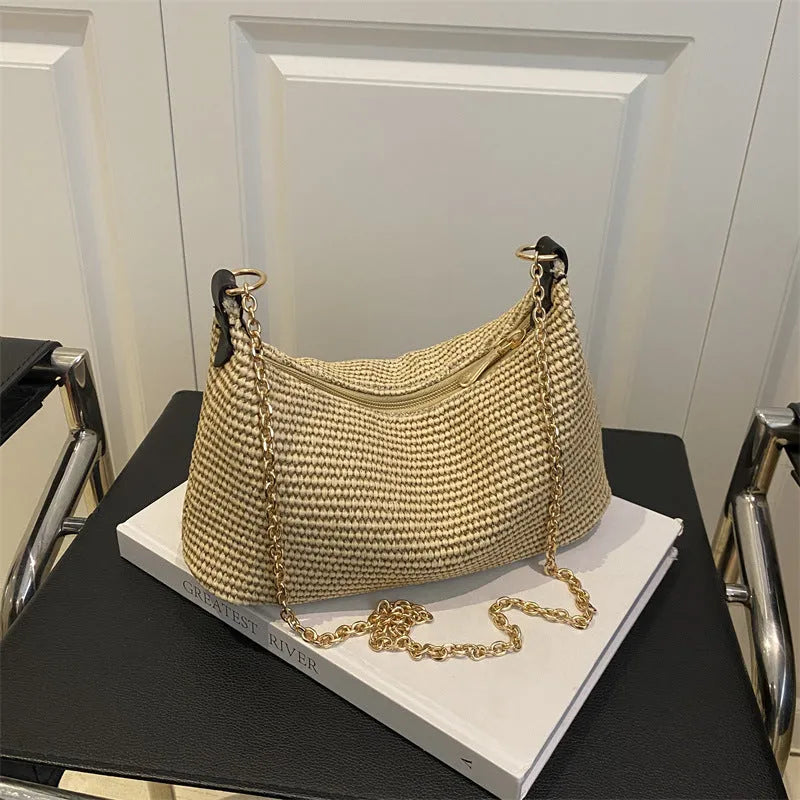 Women's woven straw crossbody bag with internal phone compartment in black, khaki, or white