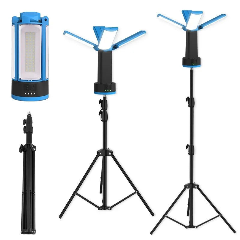Blue outdoor multi-function LED work light with four-leaf fold design, folding bracket, and storage bag