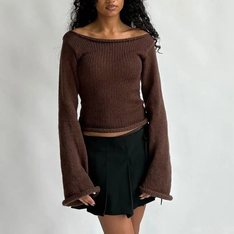 New solid colour slim-fit bell sleeve t-shirt with boat neck in burgundy, front view on model