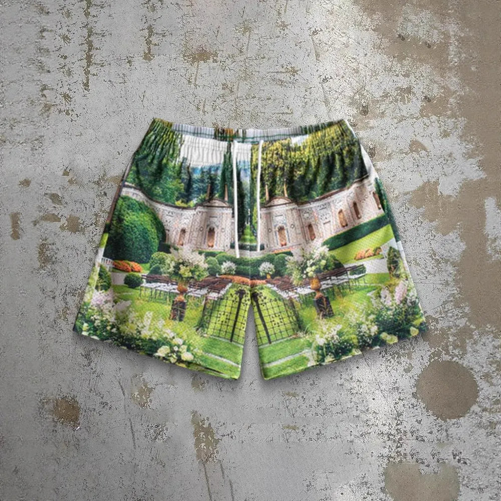 Men's digital print beach shorts in quick-dry polyester with loose fit design