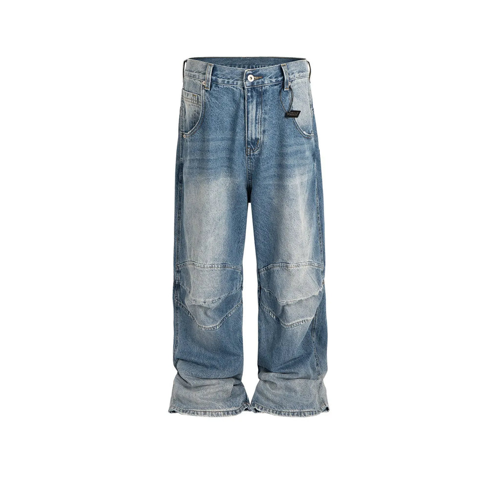 Men's washed white blue baggy jeans with pleated detailing and straight-leg style