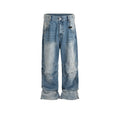 Men's washed white blue baggy jeans with pleated detailing and straight-leg style